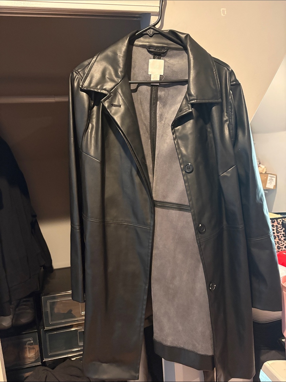 H&M Black Faux Leather Long Coat